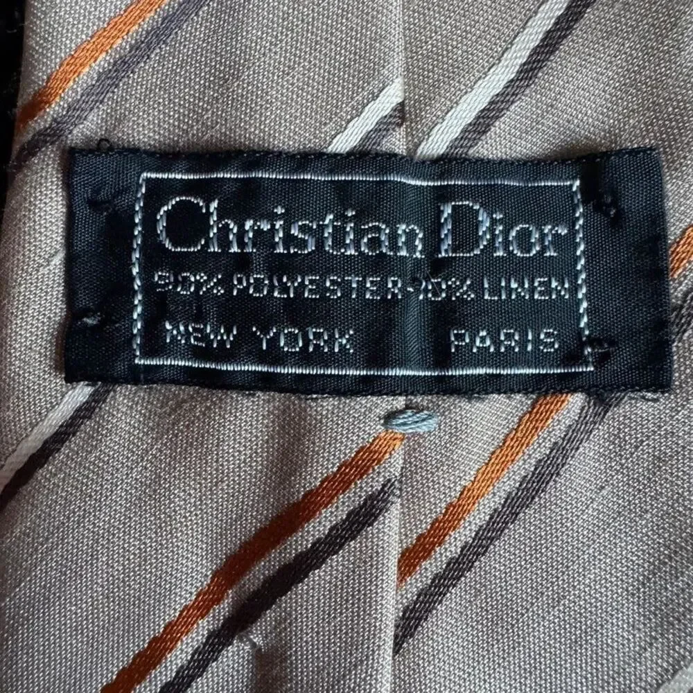 Christian Dior Vintage Stripe Tie Polyester Linen Tan Brown Orange Embroidered